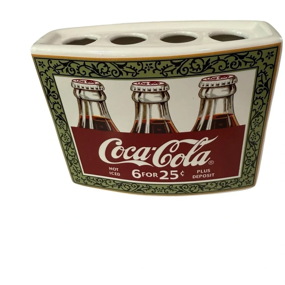 Coca Cola Ceramic 4 Brush Toothbrush Holder with Embossed Sides Collectible